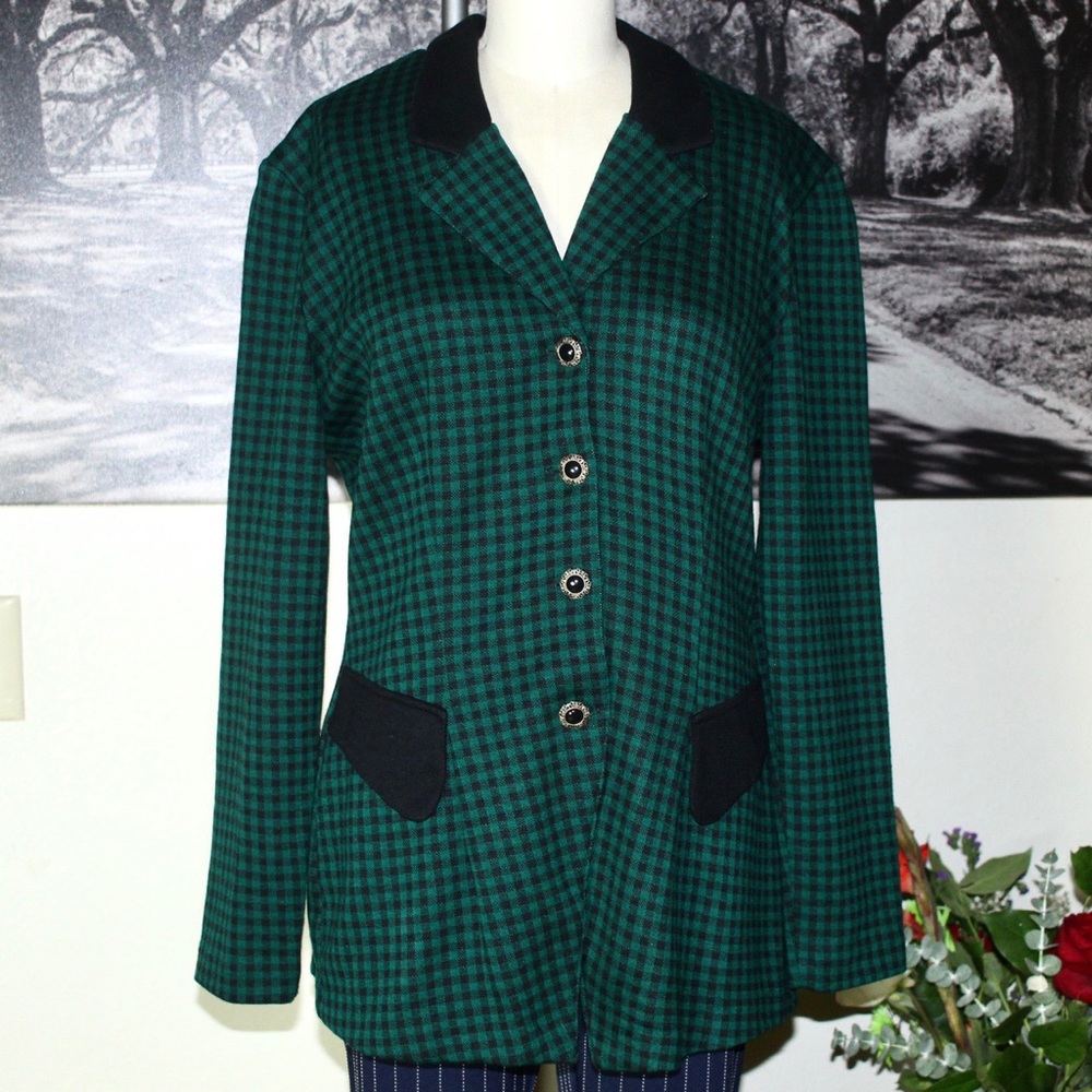 90’s Vintage Green &Black Plaid Knit Blazer Jacket
